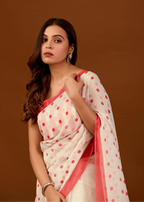 White Soft Organza Saree With Polka Dot Print