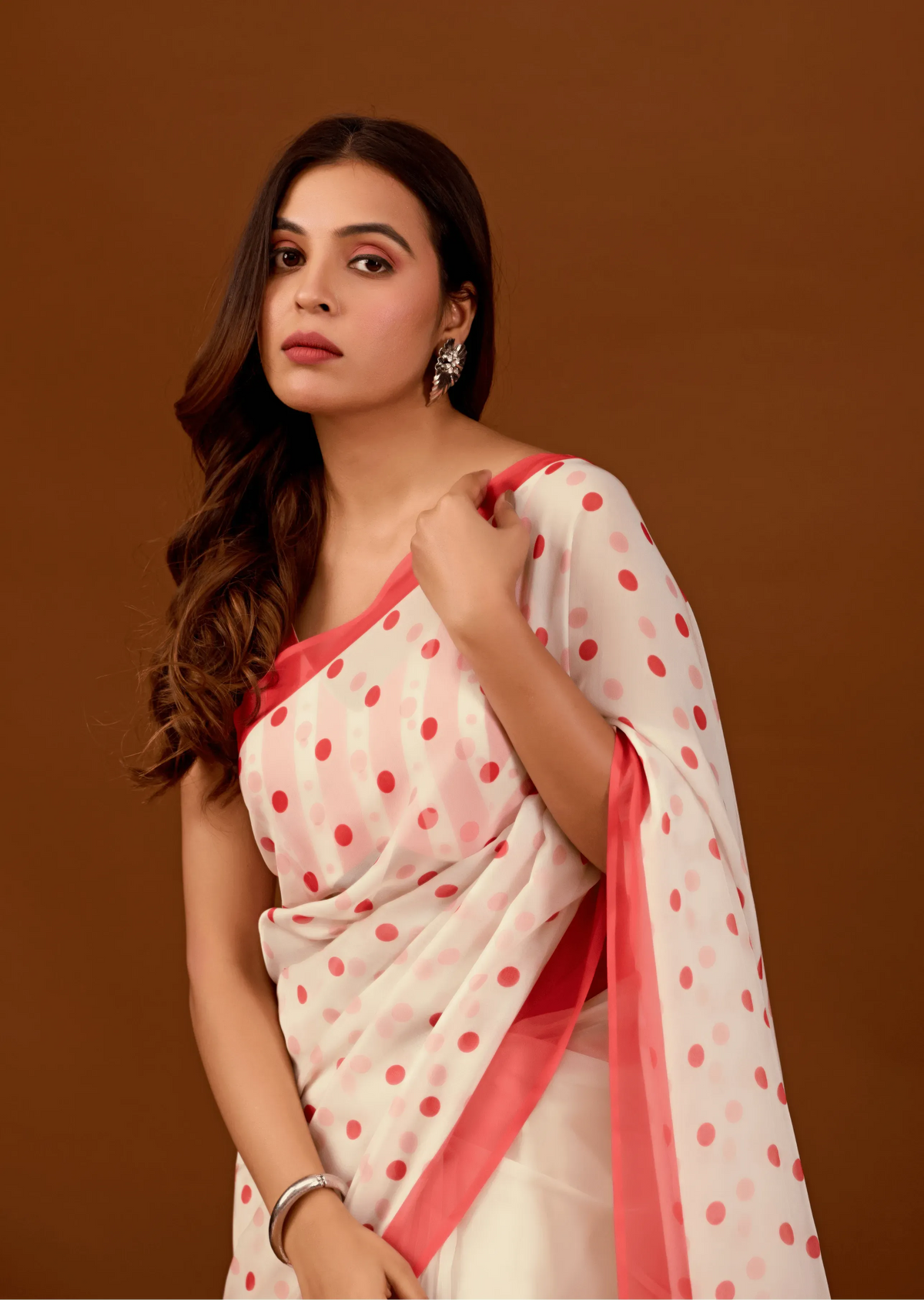 White Soft Organza Saree With Polka Dot Print