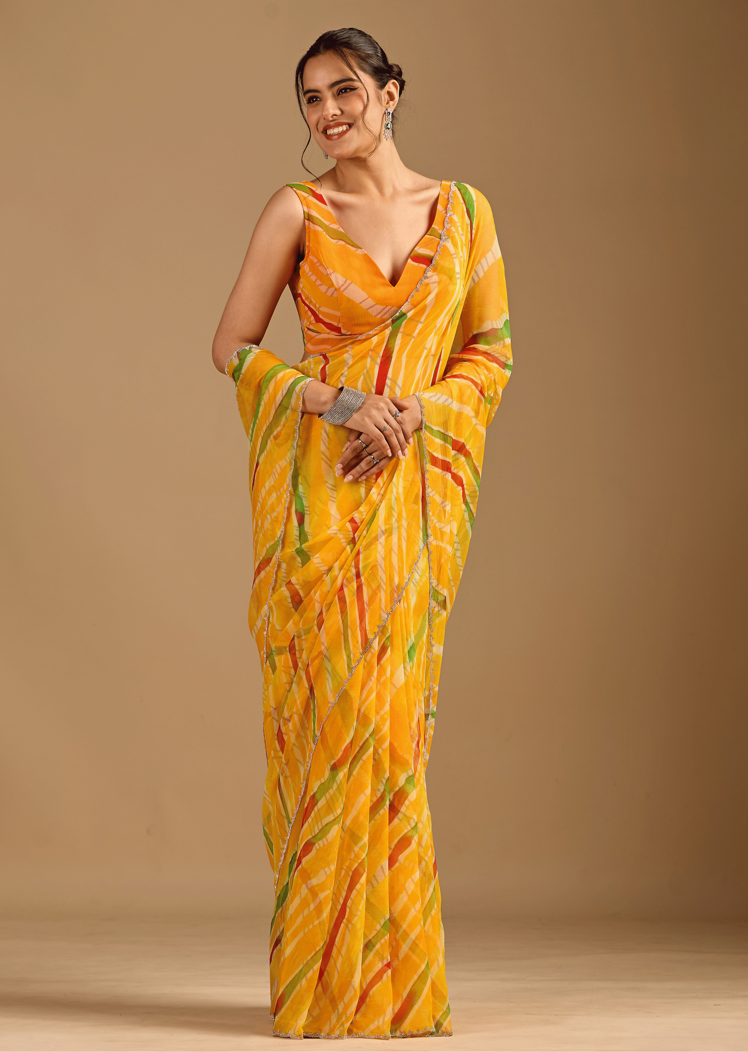 Mustard Yellow Chiffon Saree With Stone Work