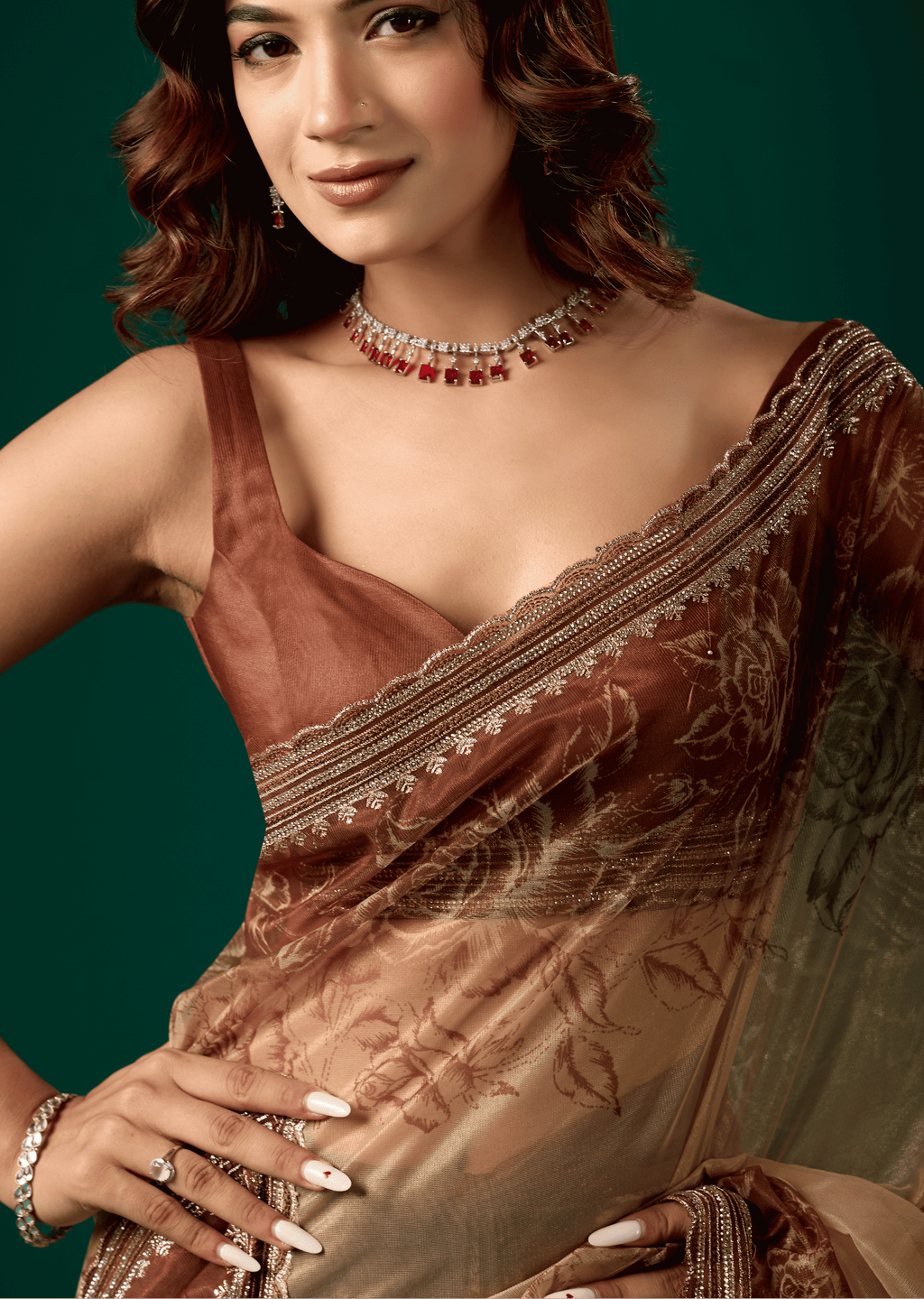 Coffee Brown Organza Saree With Floral Print
