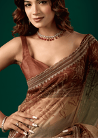 Coffee Brown Organza Saree With Floral Print
