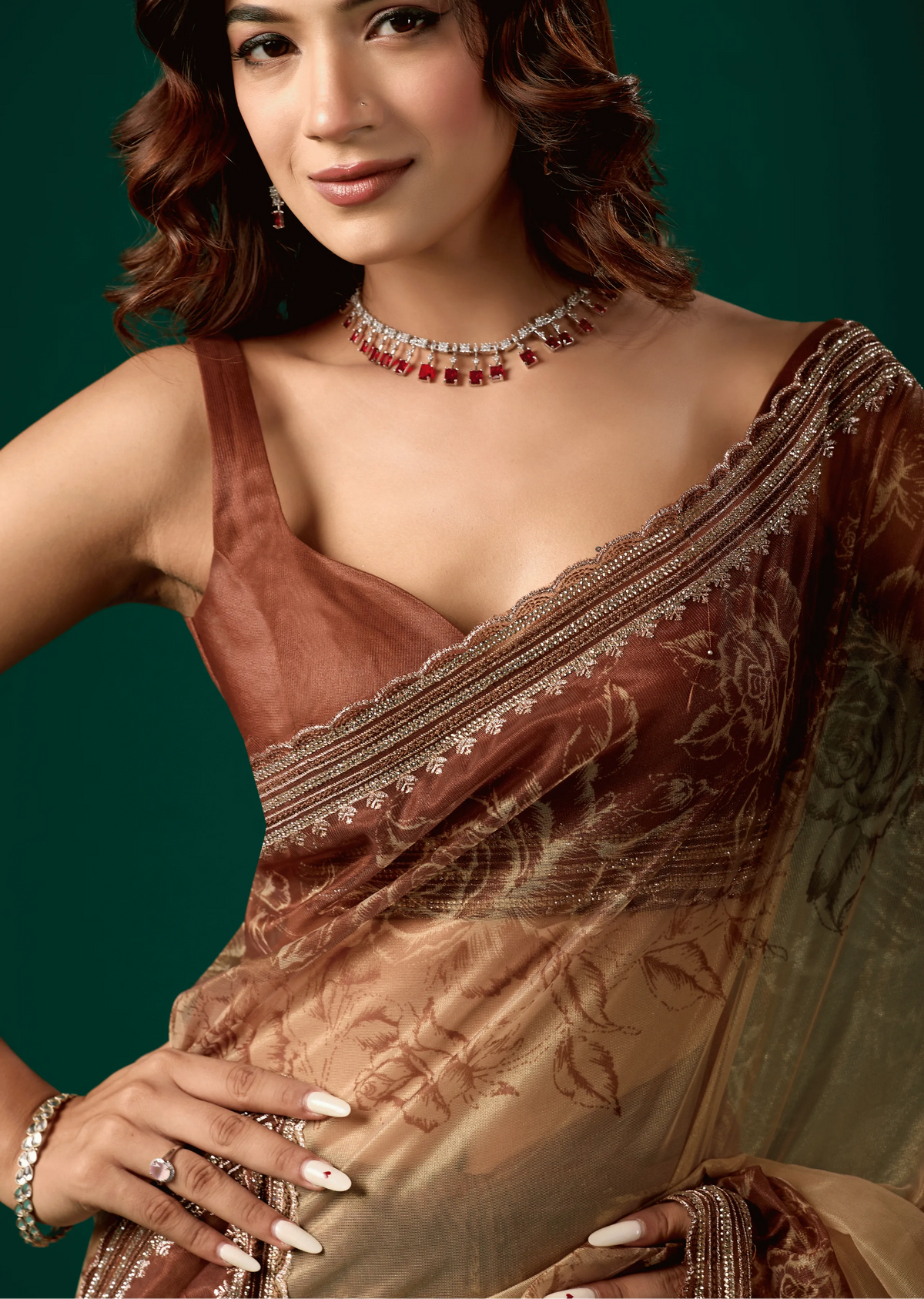 Coffee Brown Organza Saree Blouse Close Up - Embellished Border Detail