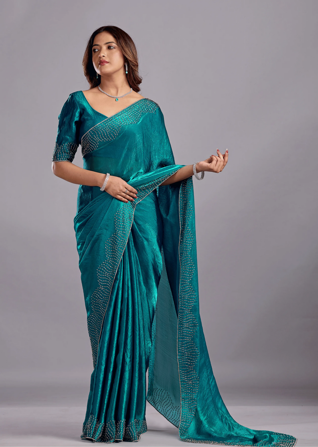 Teal Blue Tissue Silk Saree Blouse Close Up - Stone Work Detailing