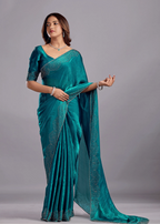Teal Blue Tissue Silk Saree Blouse Close Up - Stone Work Detailing
