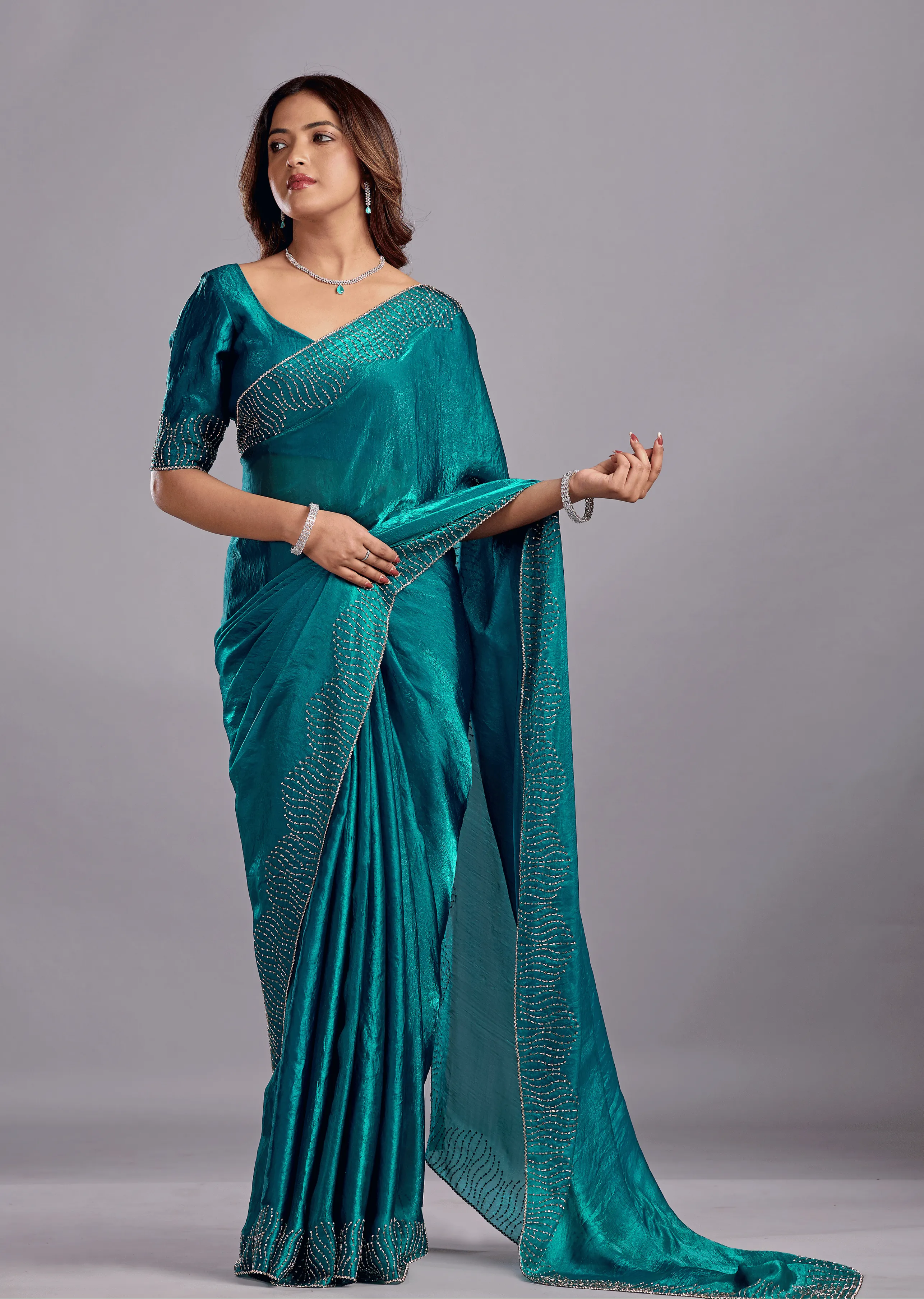Teal Blue Tissue Silk Saree Blouse Close Up - Stone Work Detailing
