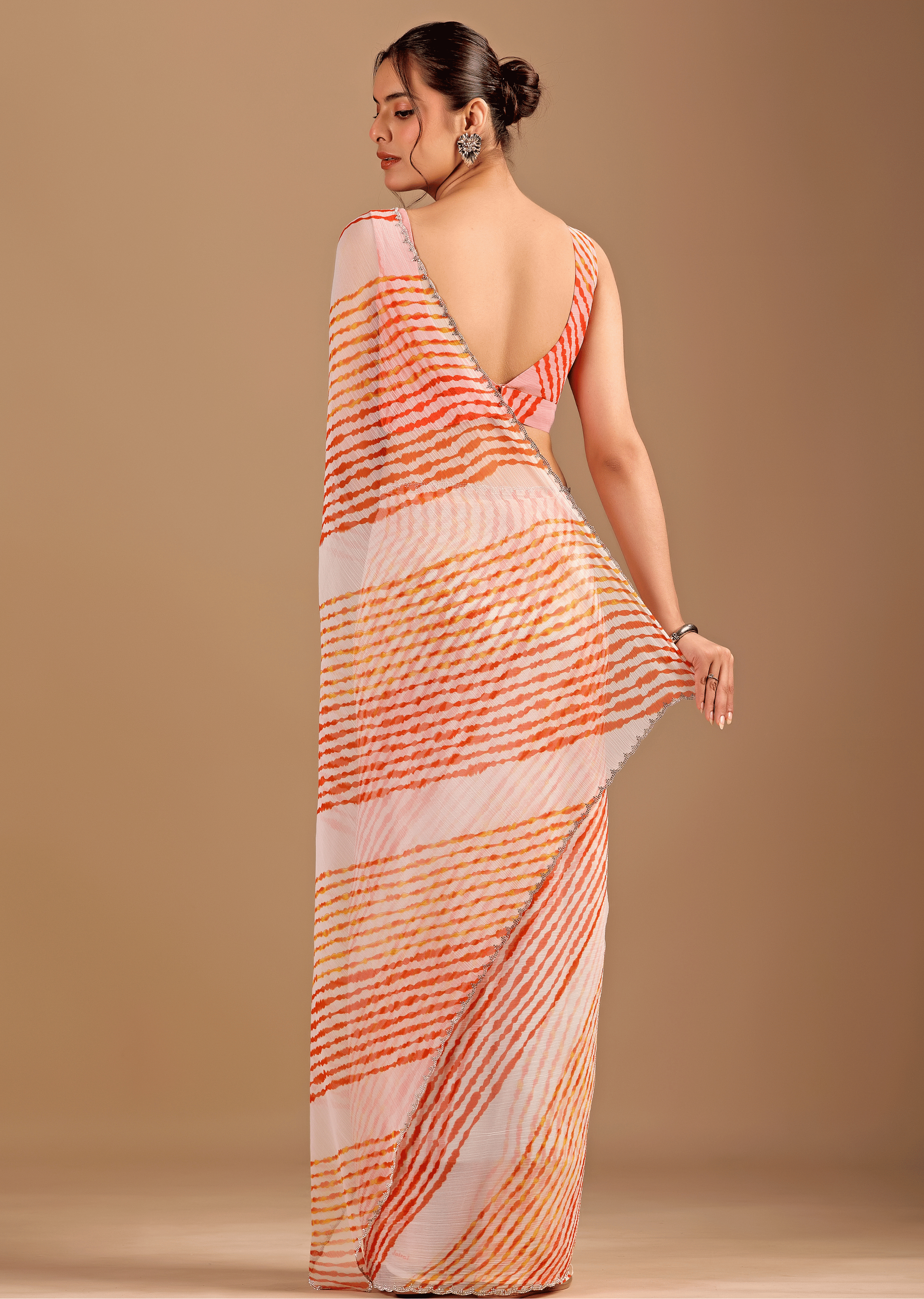 Peach Orange Chiffon Saree With Leheriya Print