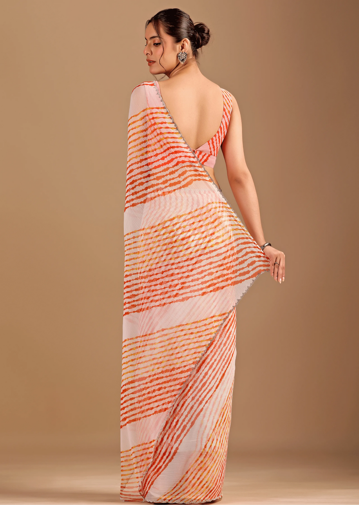  Peach Orange Chiffon Saree Back Pose - Leheriya Print Detail