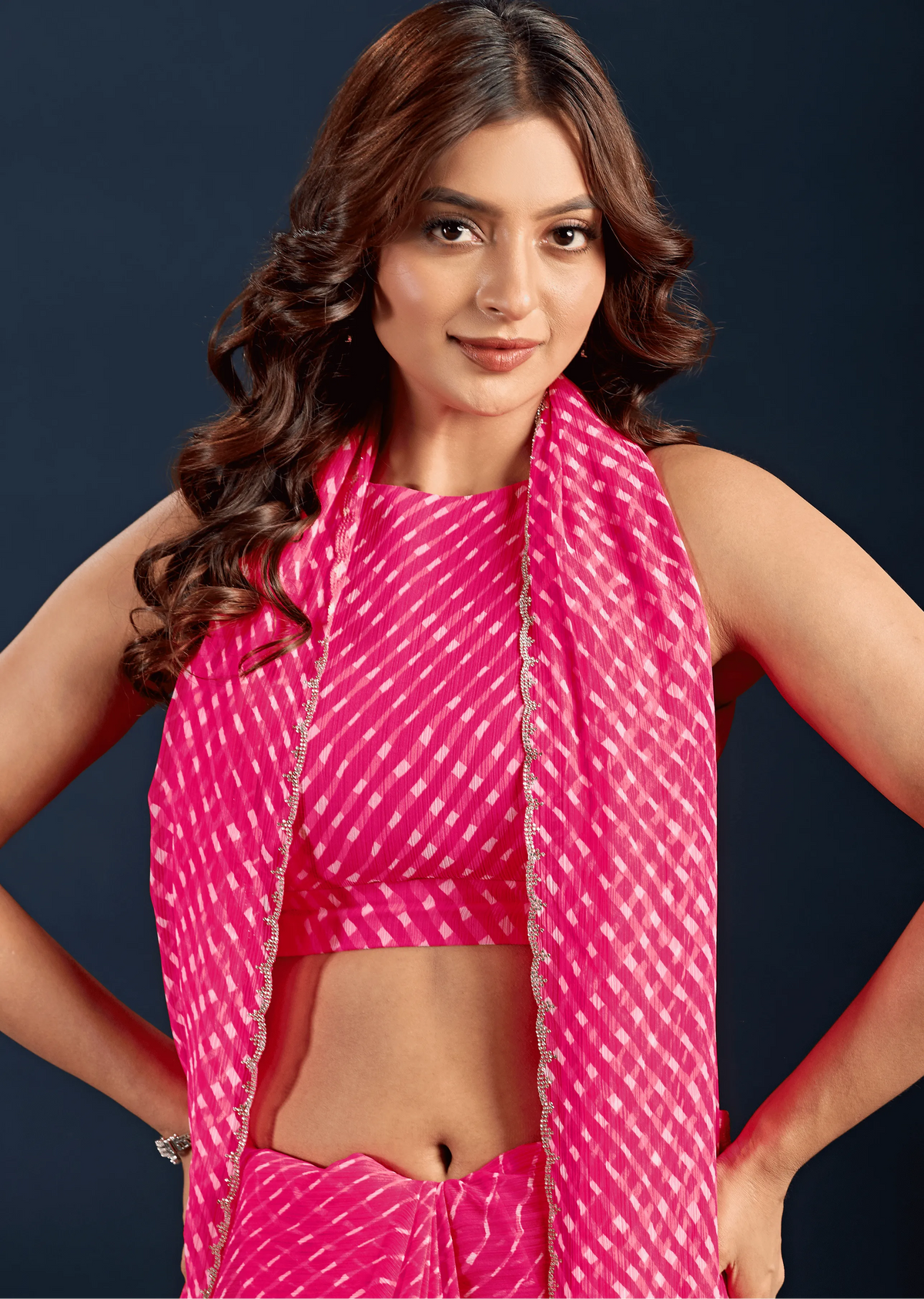 Rani Pink Chiffon Saree Side Pose - Festive Wear Saree