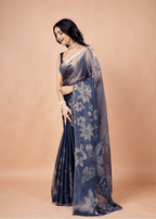 Steel Blue Organza Silk Saree With Foil Floral Print