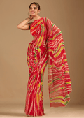 Red Chiffon Saree With Stone Work