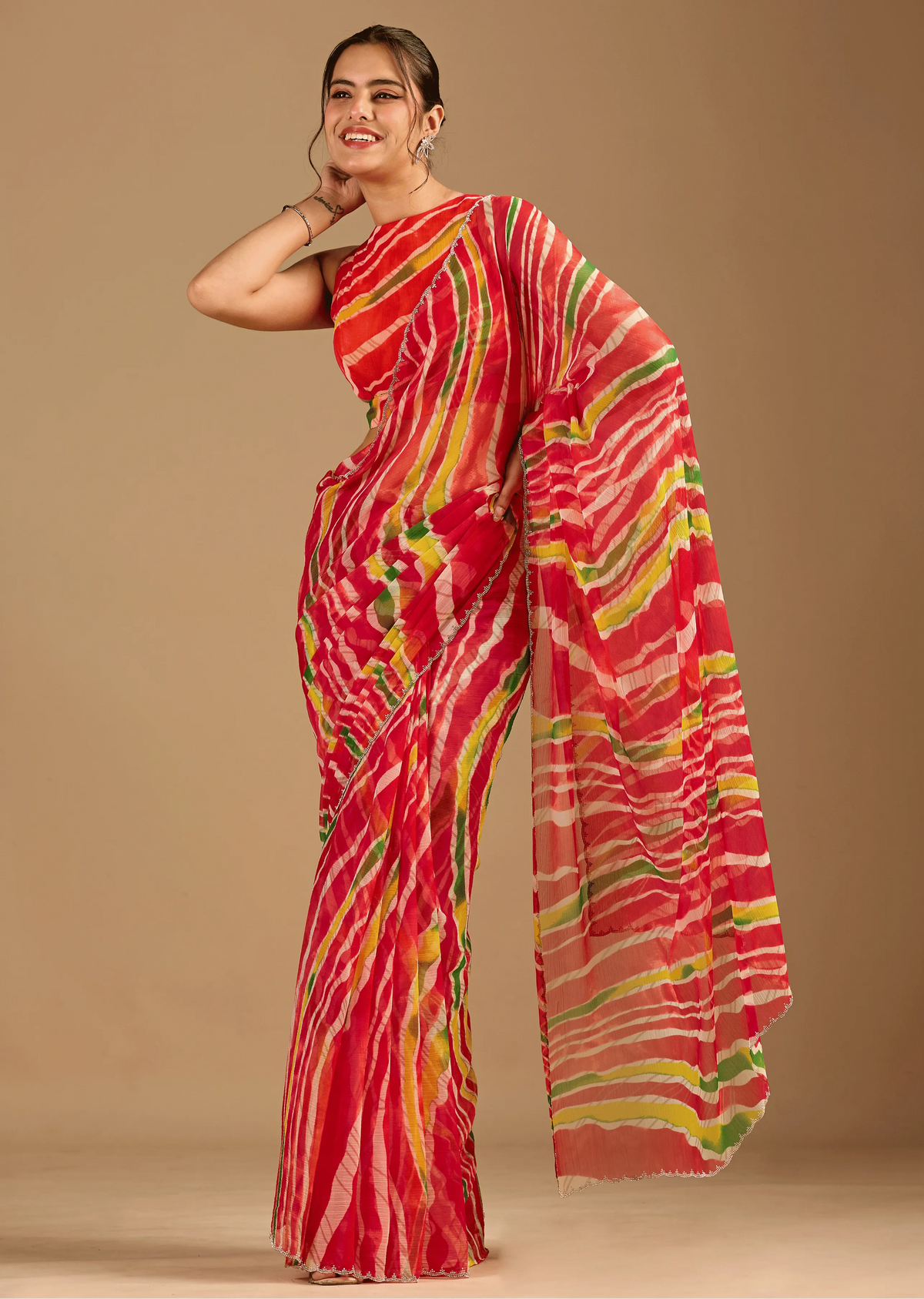 Red Chiffon Saree With Stone Work - Front Look | Buy On Ethnic9