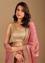 Rose Pink Tissue Silk Saree With Crystal Stone Border