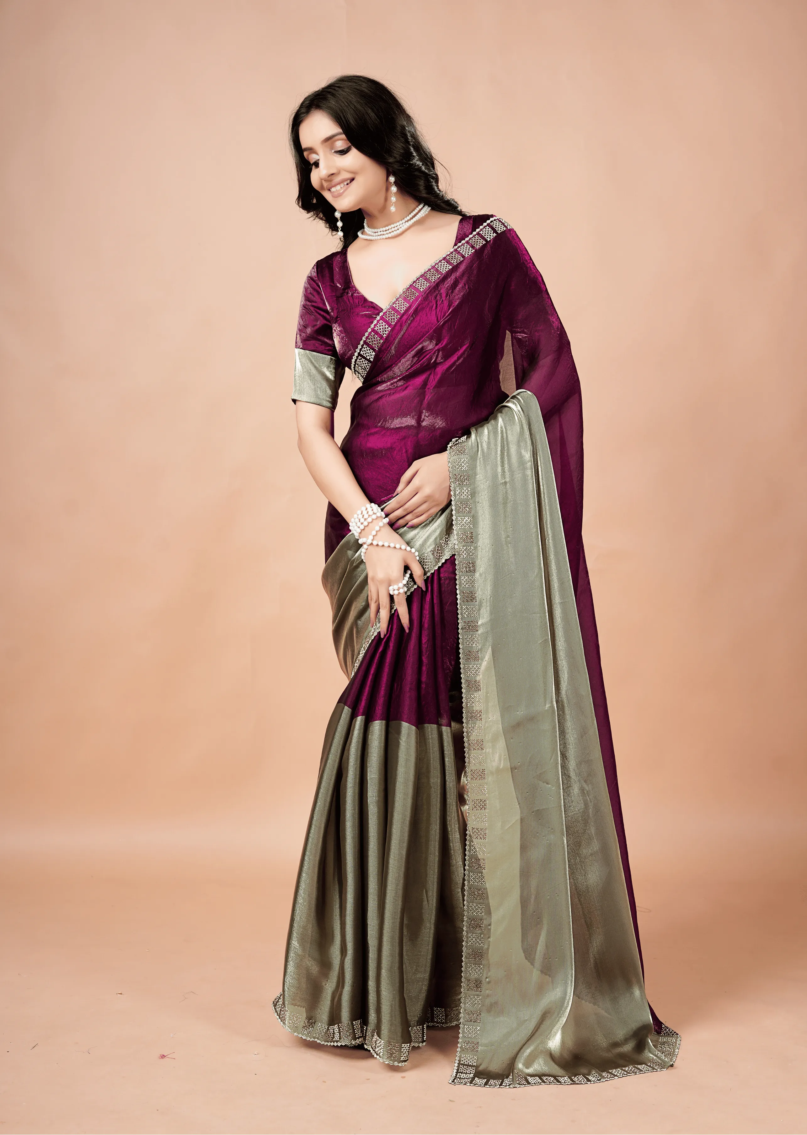 Purple Tissue Silk Saree Draped Look - Dual Tone Pallu Design