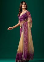 Royal Purple Organza Saree Draped Look - Floral Print Design