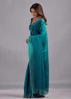 Peacock Teal Tissue Silk Saree With Crystal Spiral Work