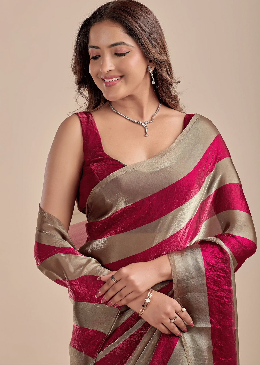 Berry Wine Tissue Silk Saree With Metallic Stripe Weave