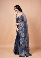Steel Blue Organza Silk Saree With Foil Floral Print