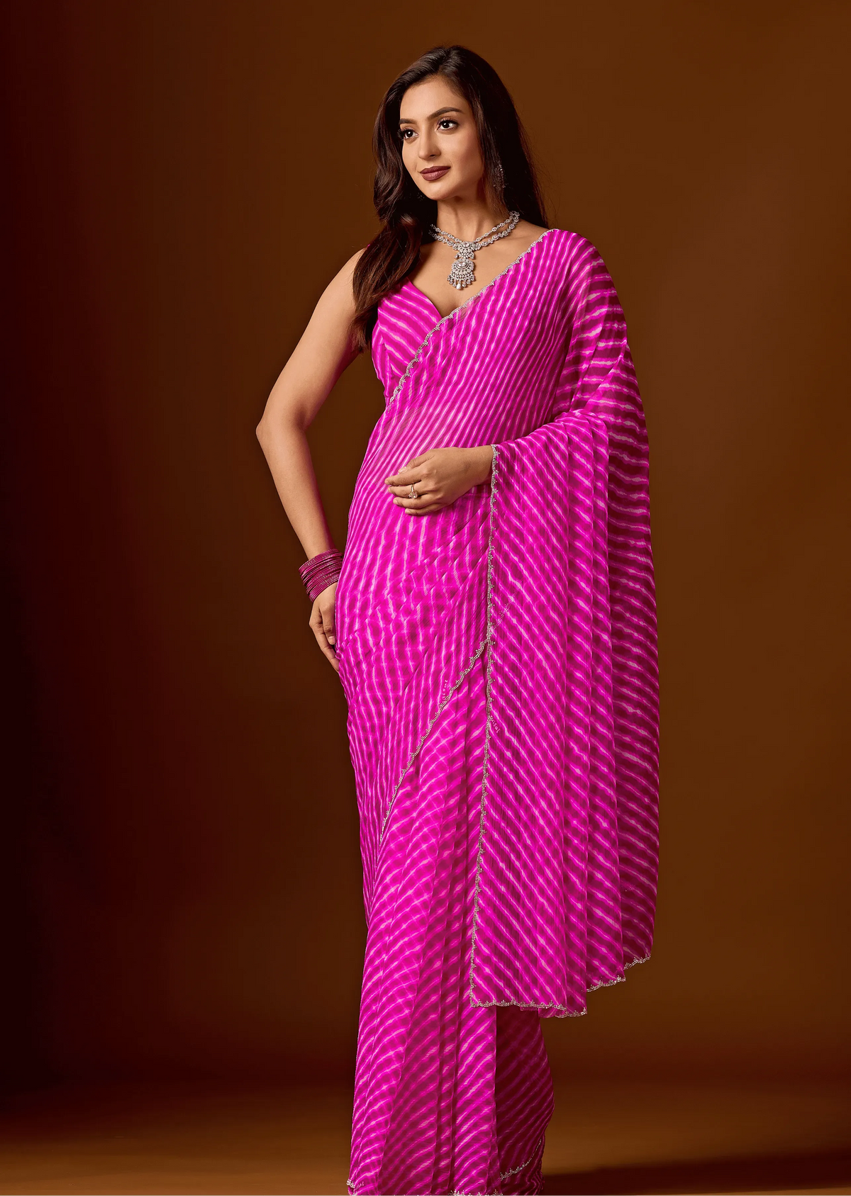 Rani Pink Chiffon Saree With Stone Work - Front Look | Buy On Ethnic9