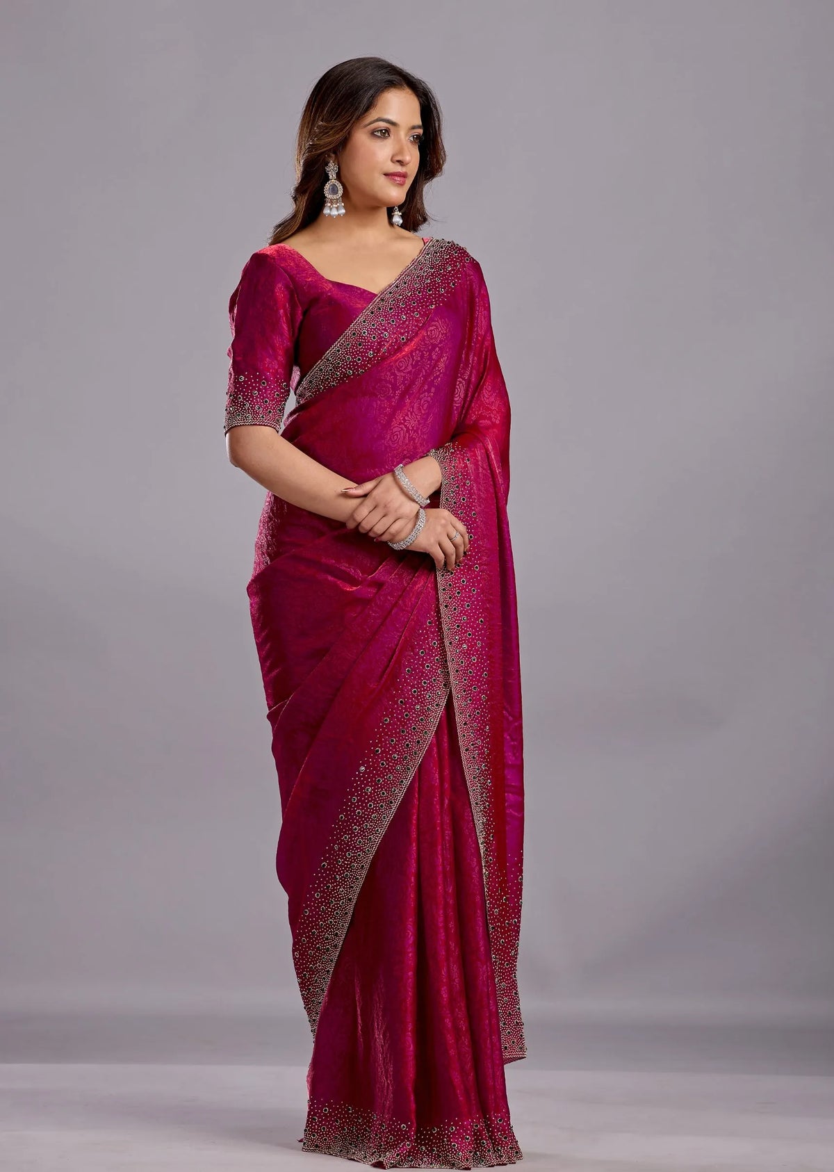 Rani Pink Tissue Silk Saree Draped Look - Crystal Stone Work Design