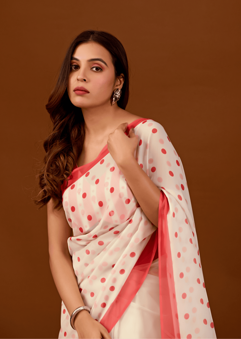 White Soft Organza Saree With Polka Dot Print