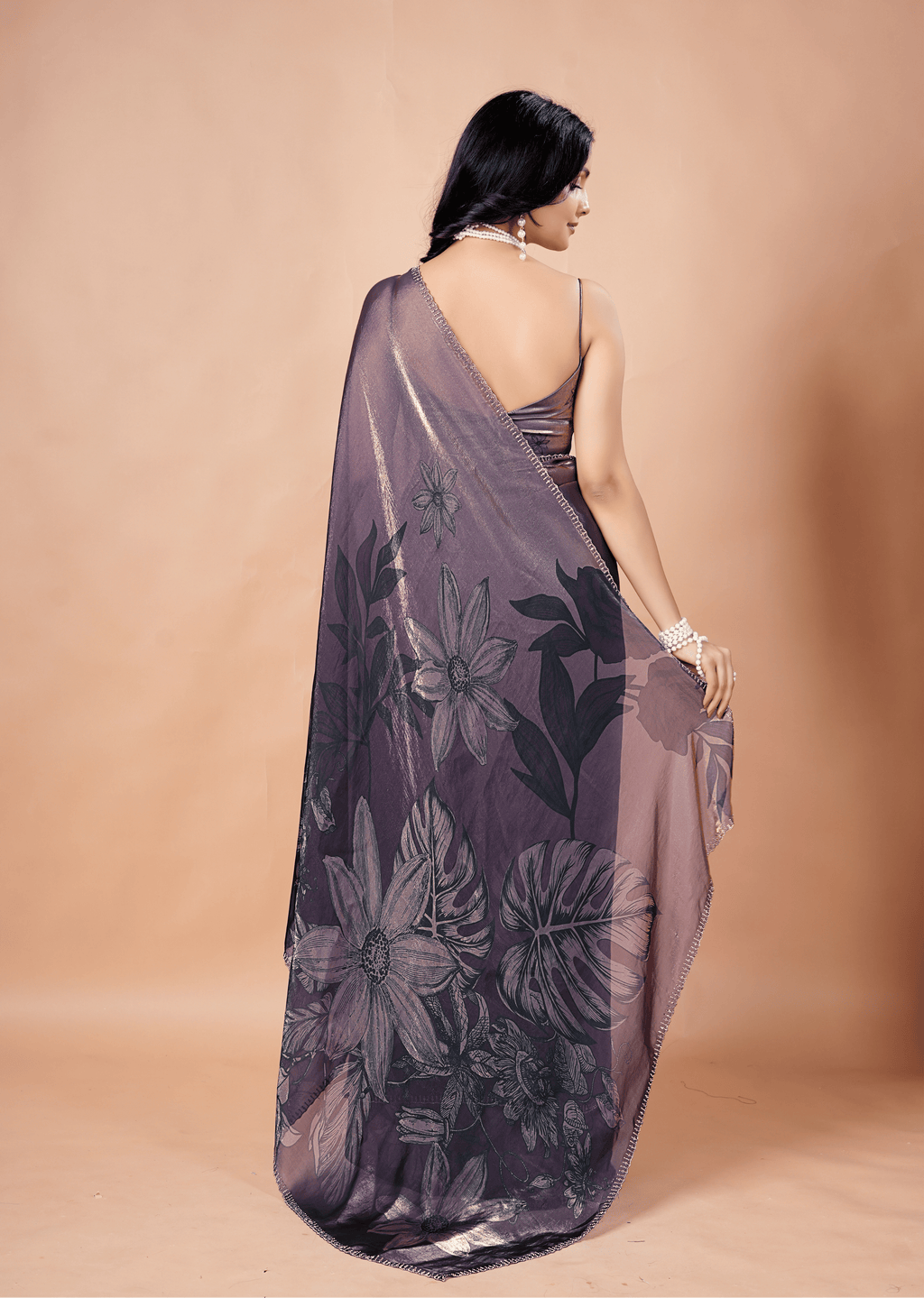 Smoky Purple Organza Silk Saree With Metallic Floral Print