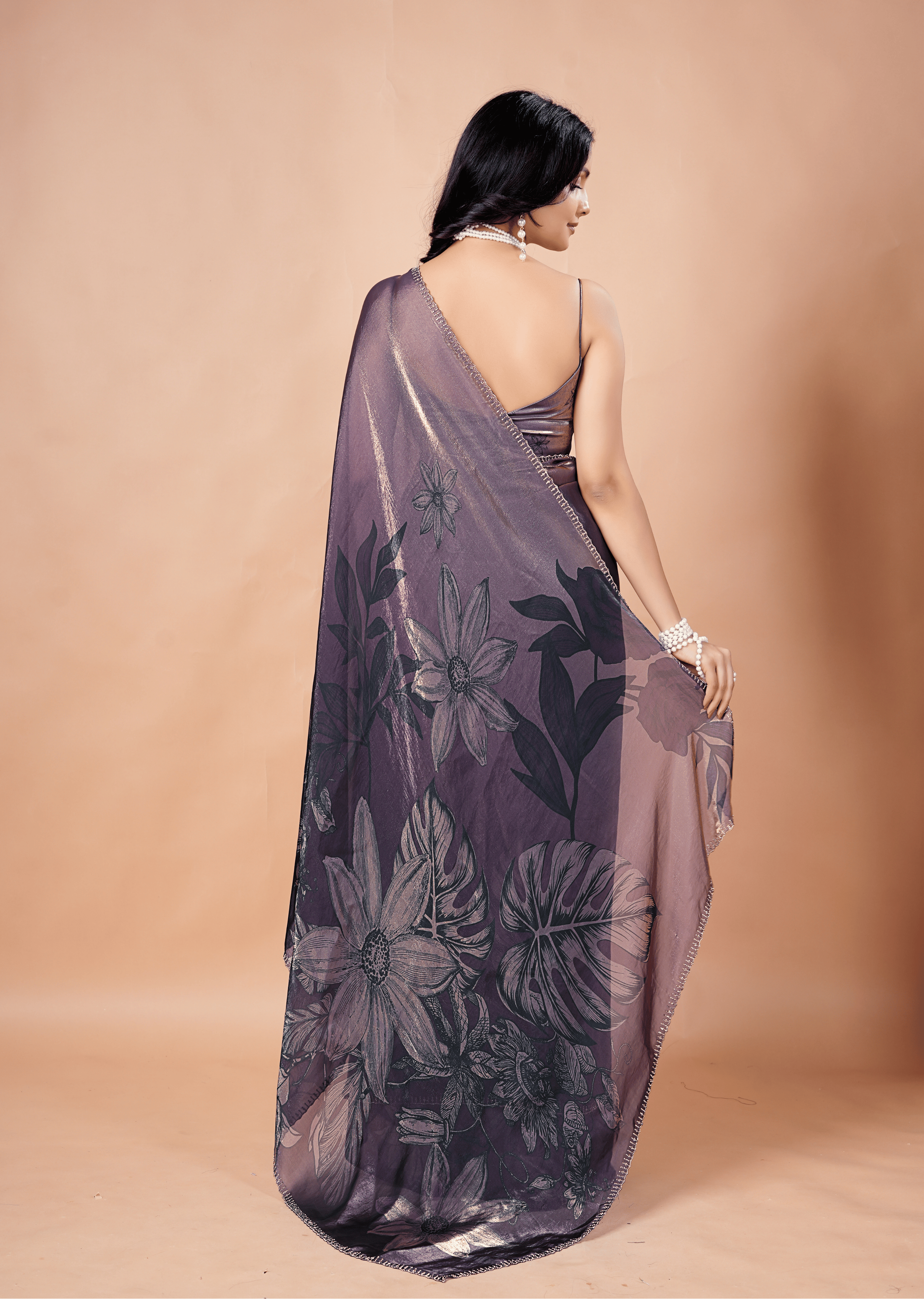 Smoky Purple Organza Silk Saree With Metallic Floral Print