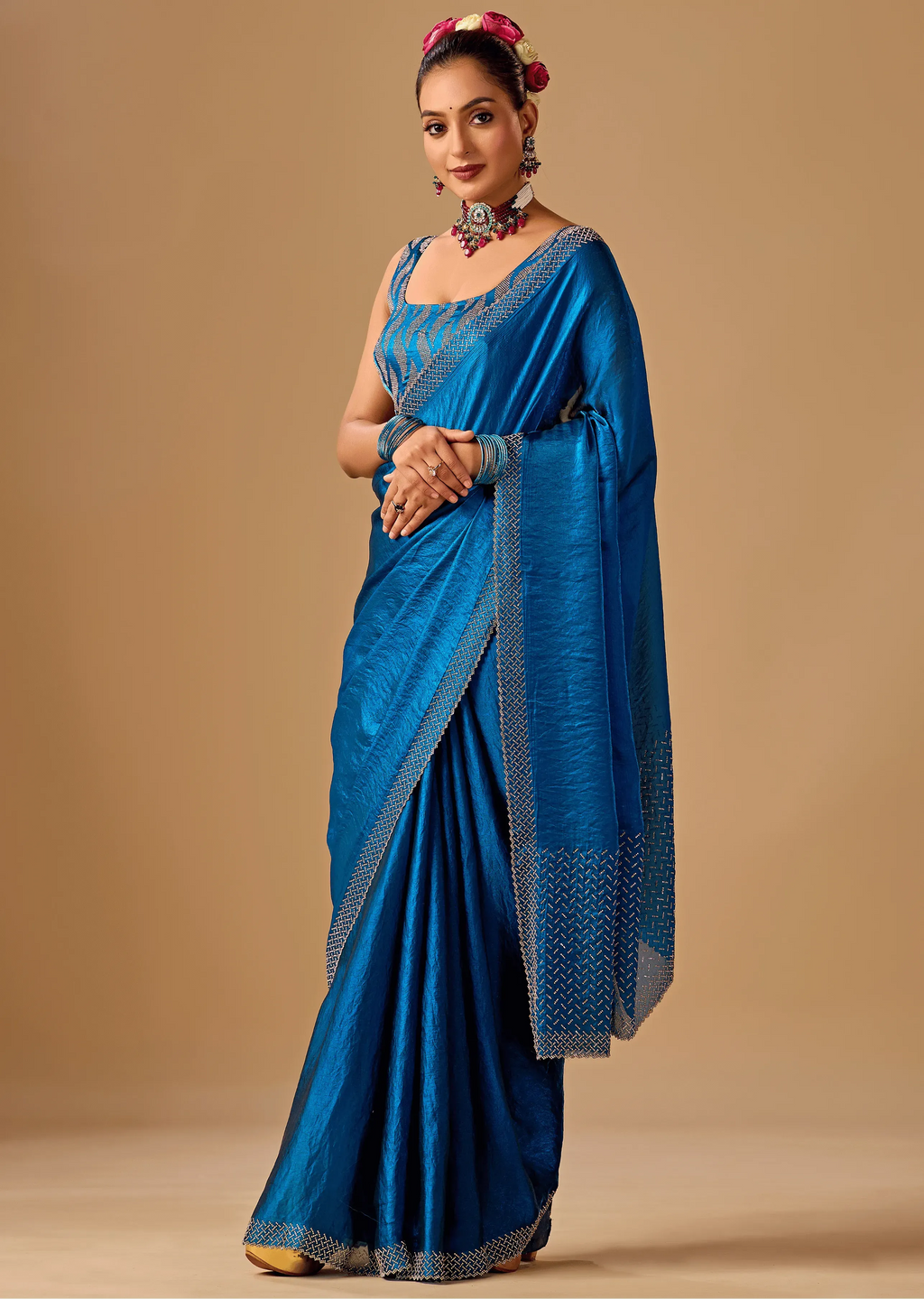Royal Blue Tissue Silk Saree With Stone Work Border