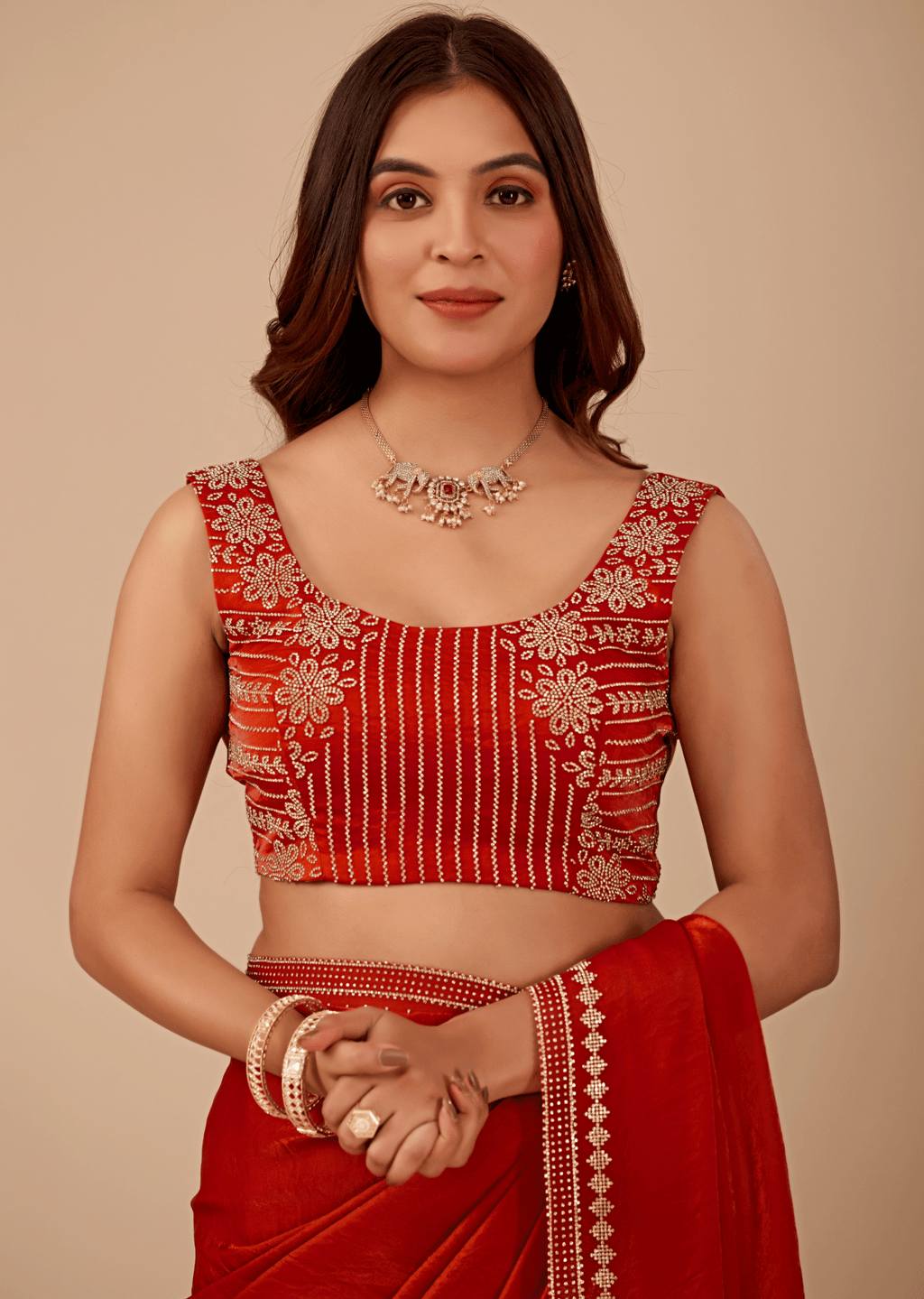 Crimson Red Tissue Silk Saree With Diamond Border Work