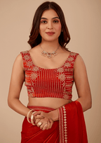 Crimson Red Tissue Silk Saree With Diamond Border Work