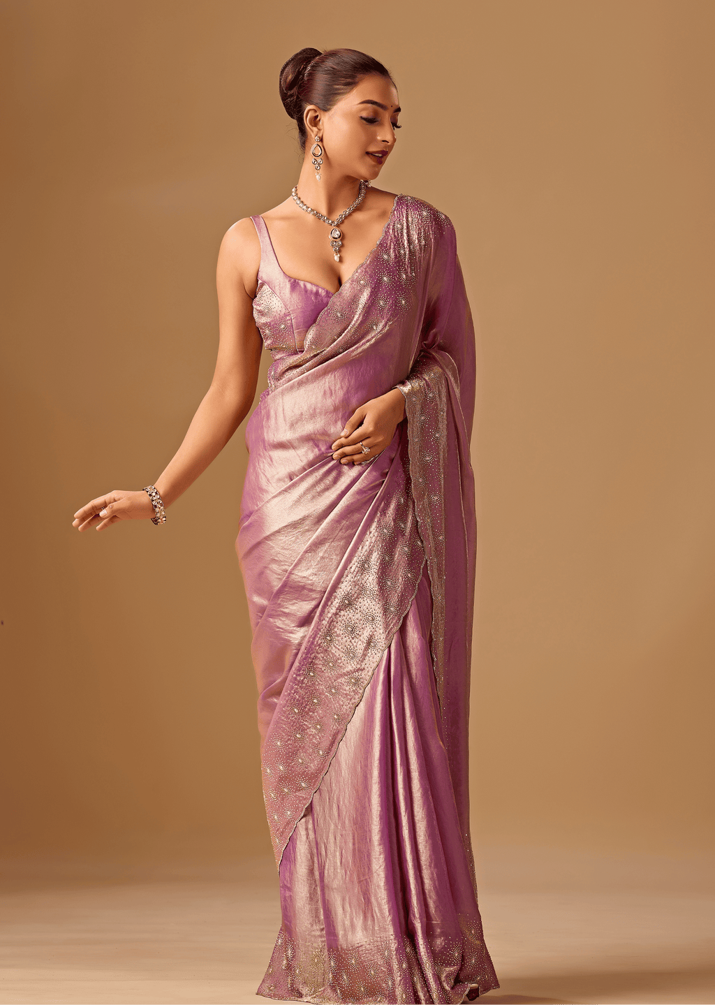 Lavender Tissue Silk Saree With Stone Work