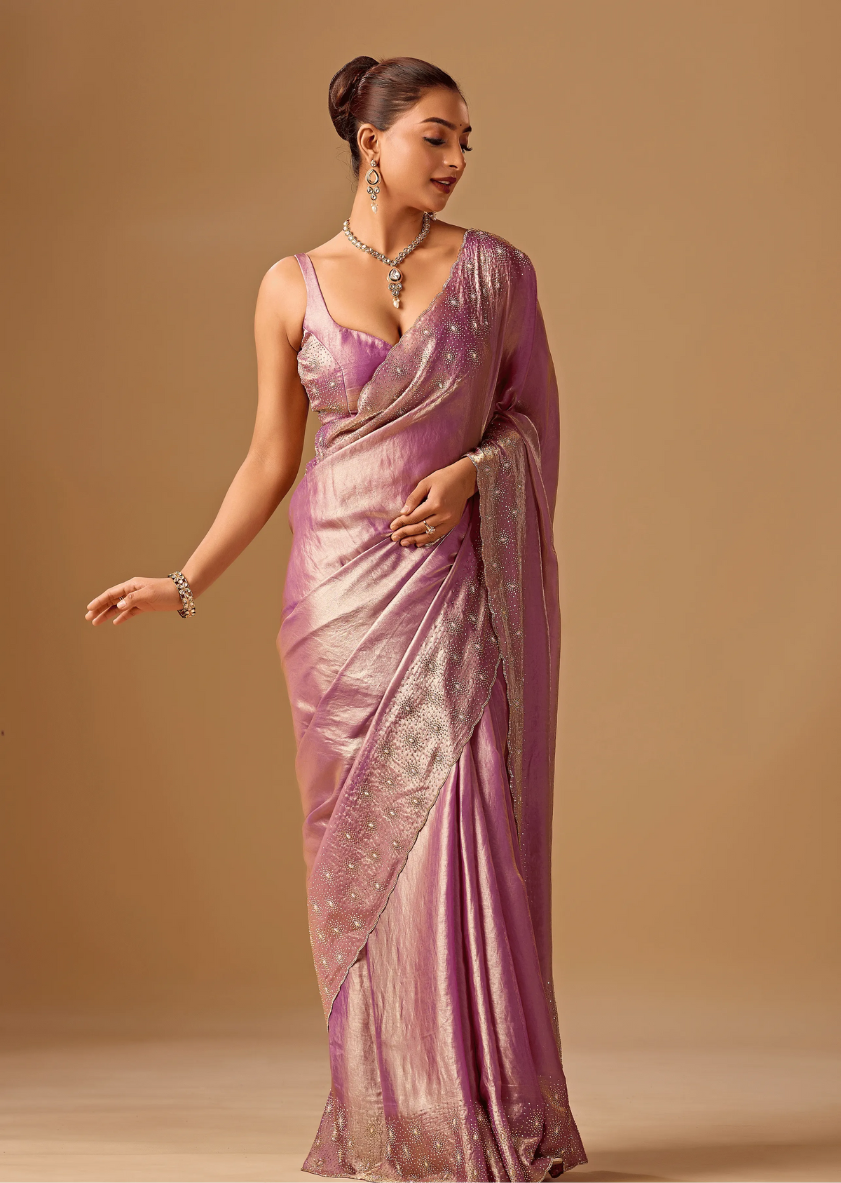 Lavender Tissue Silk Saree Blouse Close Up - Stone Work Detailing