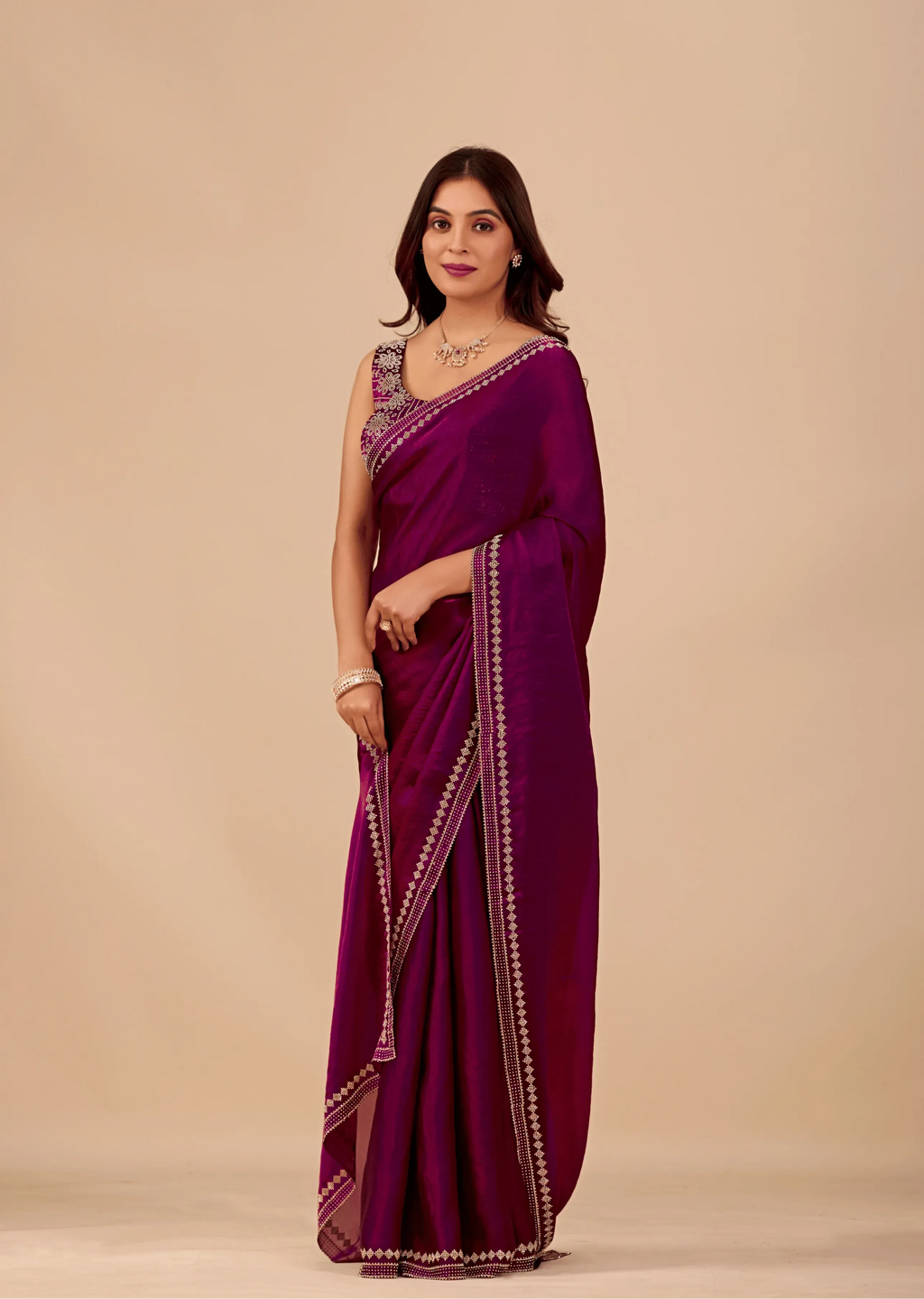 Royal Purple Tissue Silk Saree With Crystal Border Work