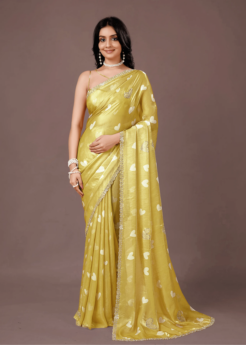 Mustard Yellow Organza Silk Saree Draped Look - Heart Print Design