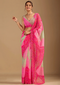 Red Chiffon Saree With Bandhani Print - Front Look | Buy On Ethnic9