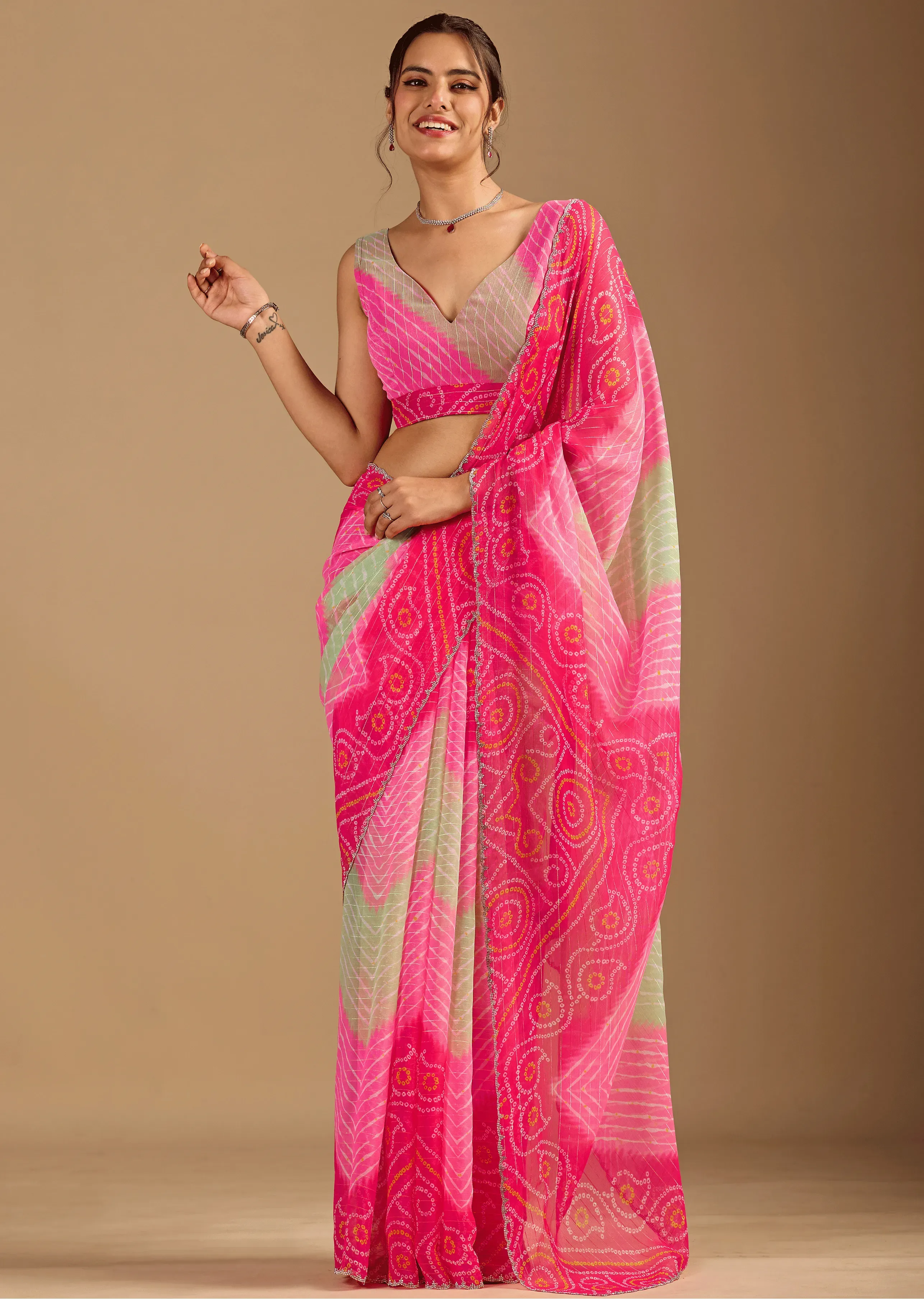 Red Chiffon Saree With Bandhani Print - Front Look | Buy On Ethnic9