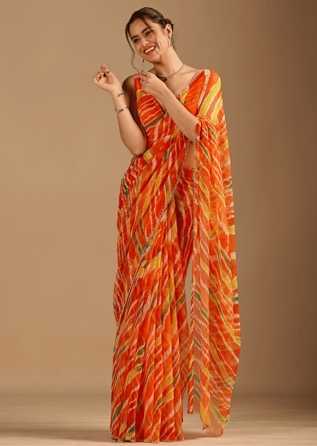 Orange Chiffon Saree With Stone Work