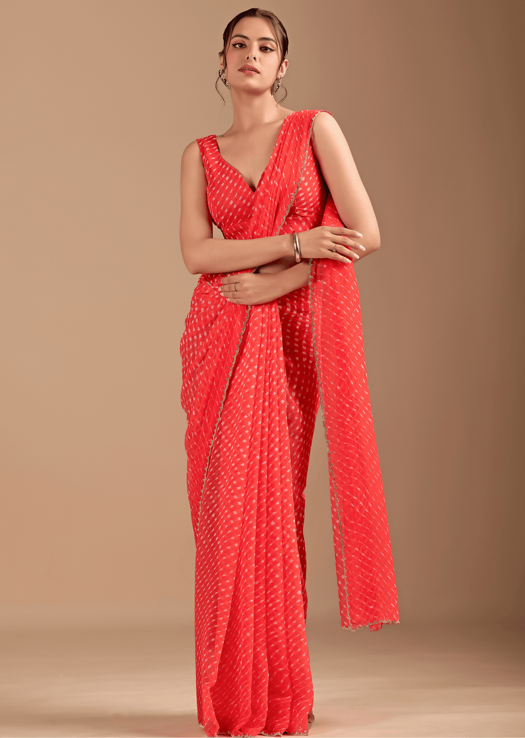 Coral Red Chiffon Saree With Leheriya Print