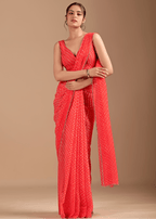 Coral Red Chiffon Saree With Leheriya Print