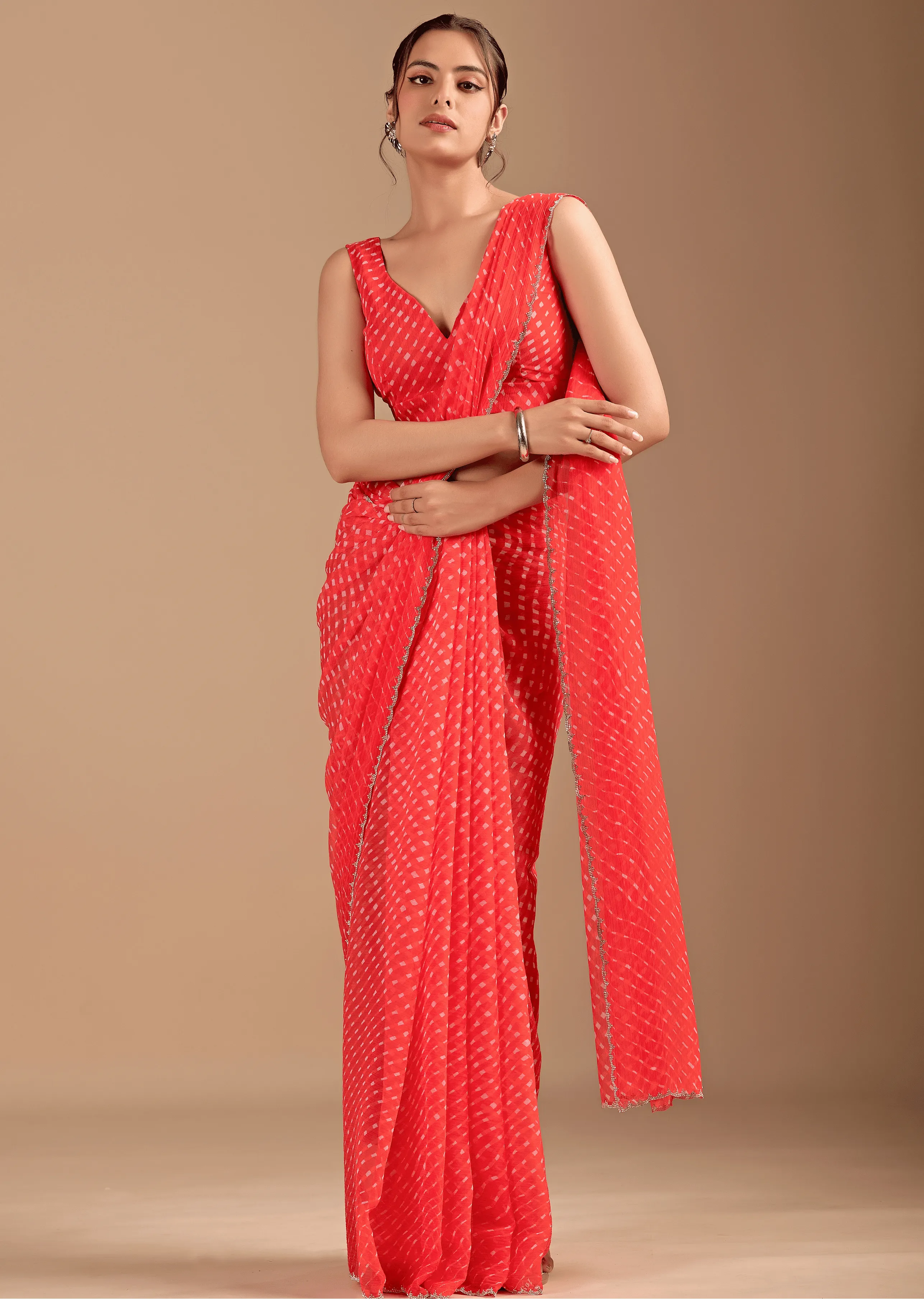 Coral Red Chiffon Saree Side Pose - Festive Wear Saree