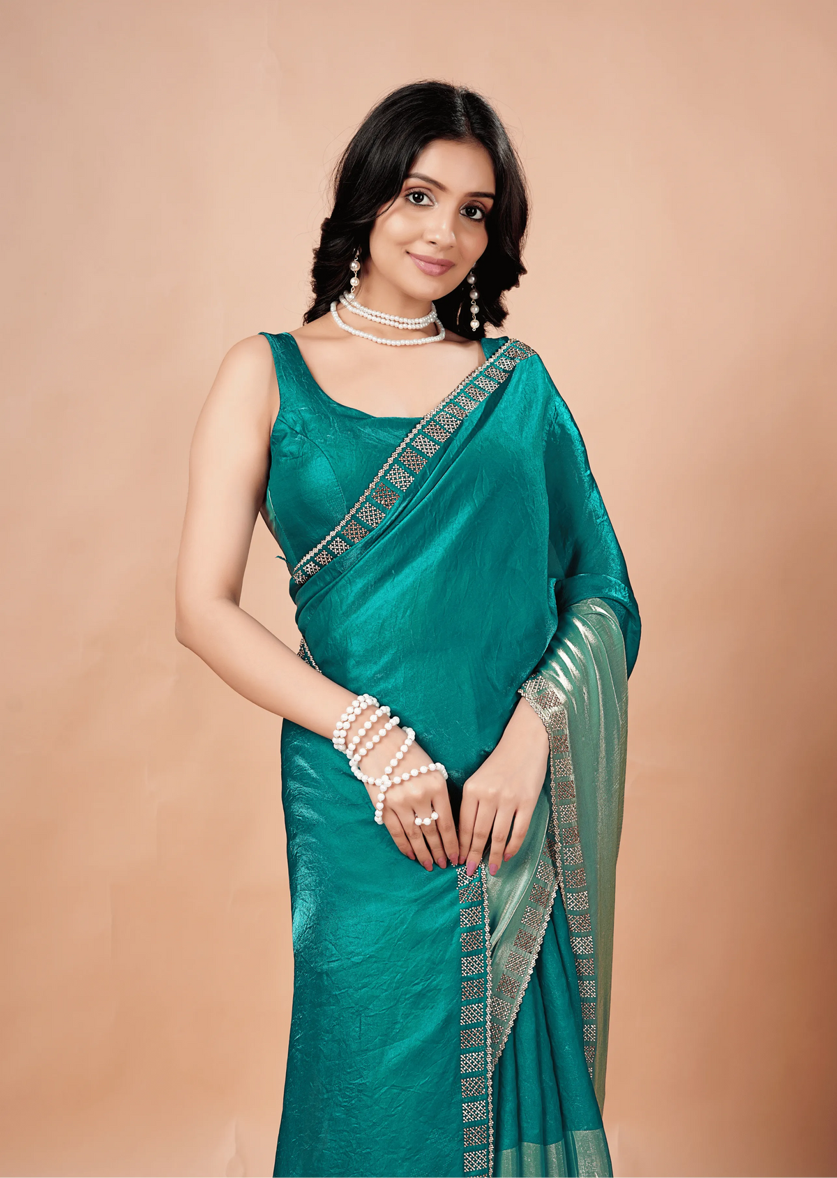 Firozi Tissue Silk Saree Side Pose - Festive Wear Saree