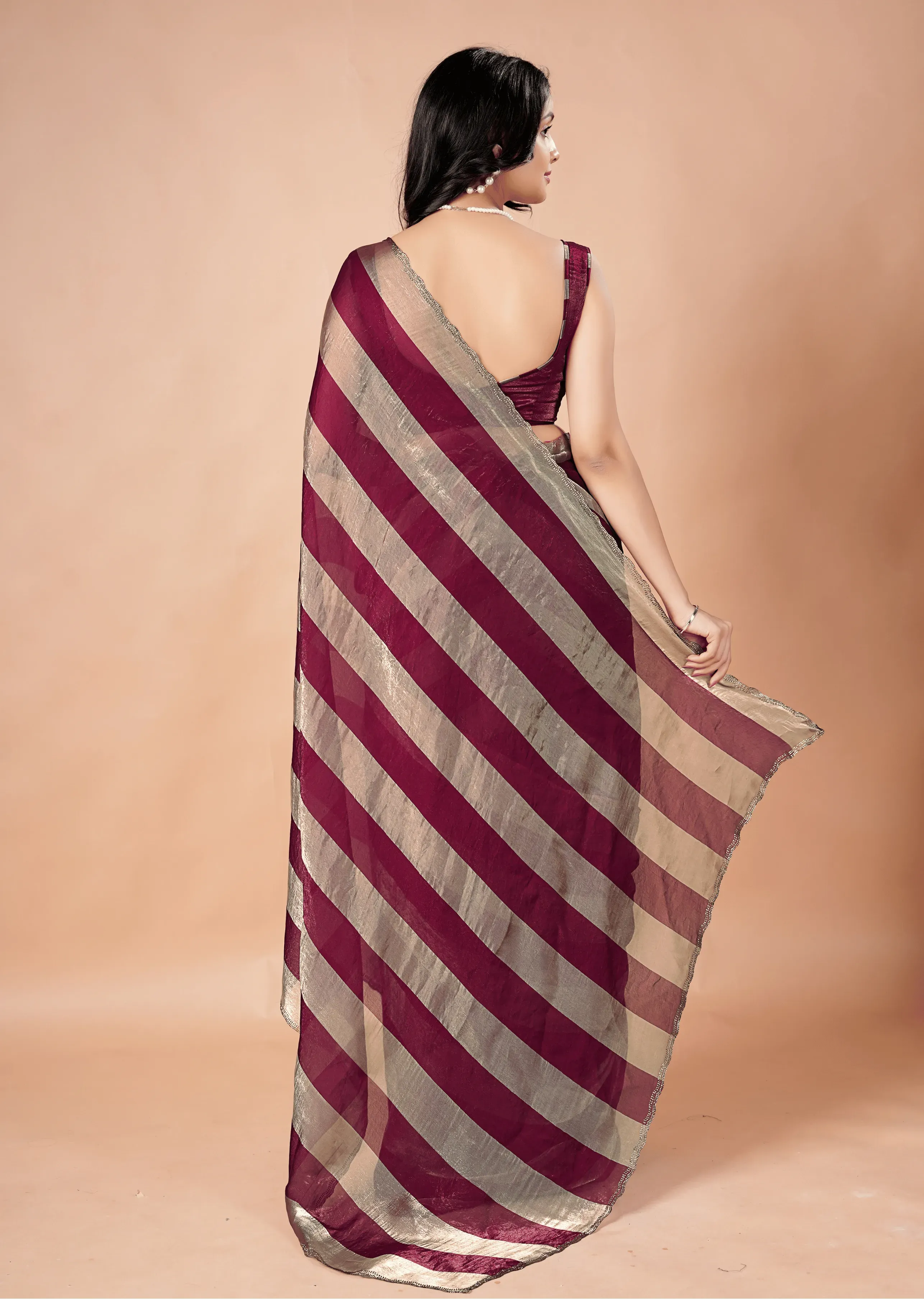 Wine Tissue Silk Saree With Metallic Stripe Work
