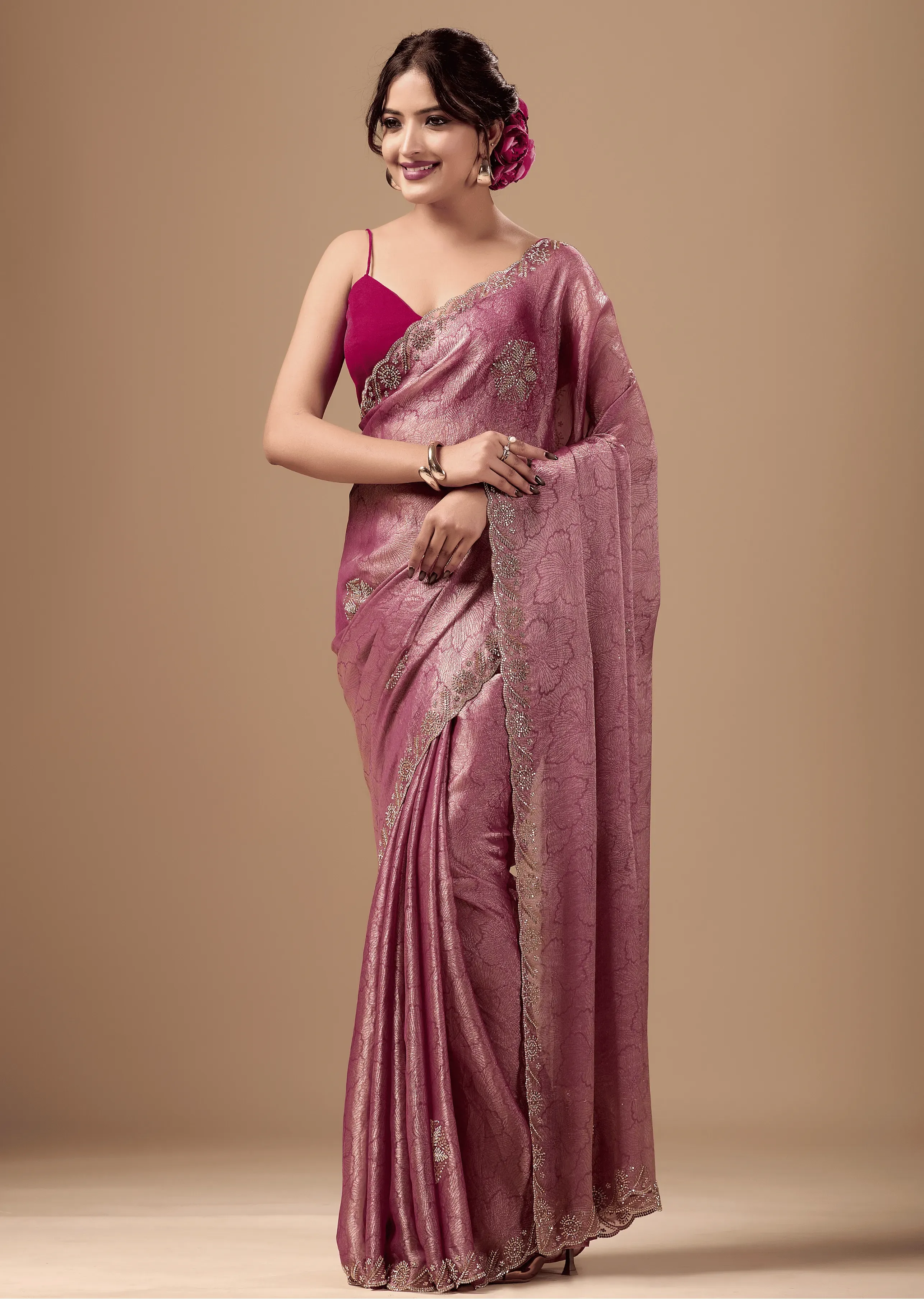 Rose Pink Jacquard Saree With Handcrafted Stone Border