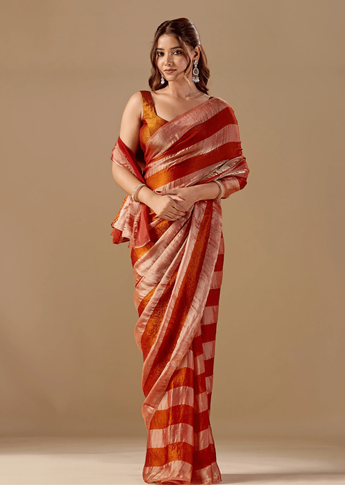 Copper Rust Tissue Silk Saree With Metallic Stripe Weave