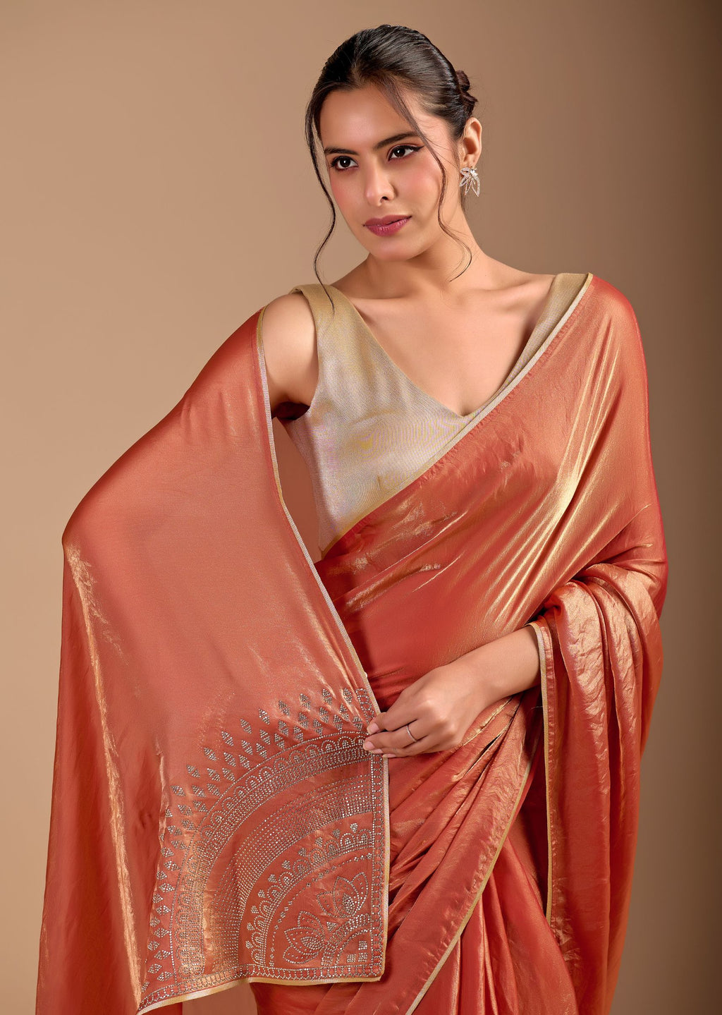 Peach Orange Organza Saree with Stone Work Border & Metallic Sheen