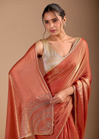 Peach Orange Organza Saree with Stone Work Border & Metallic Sheen