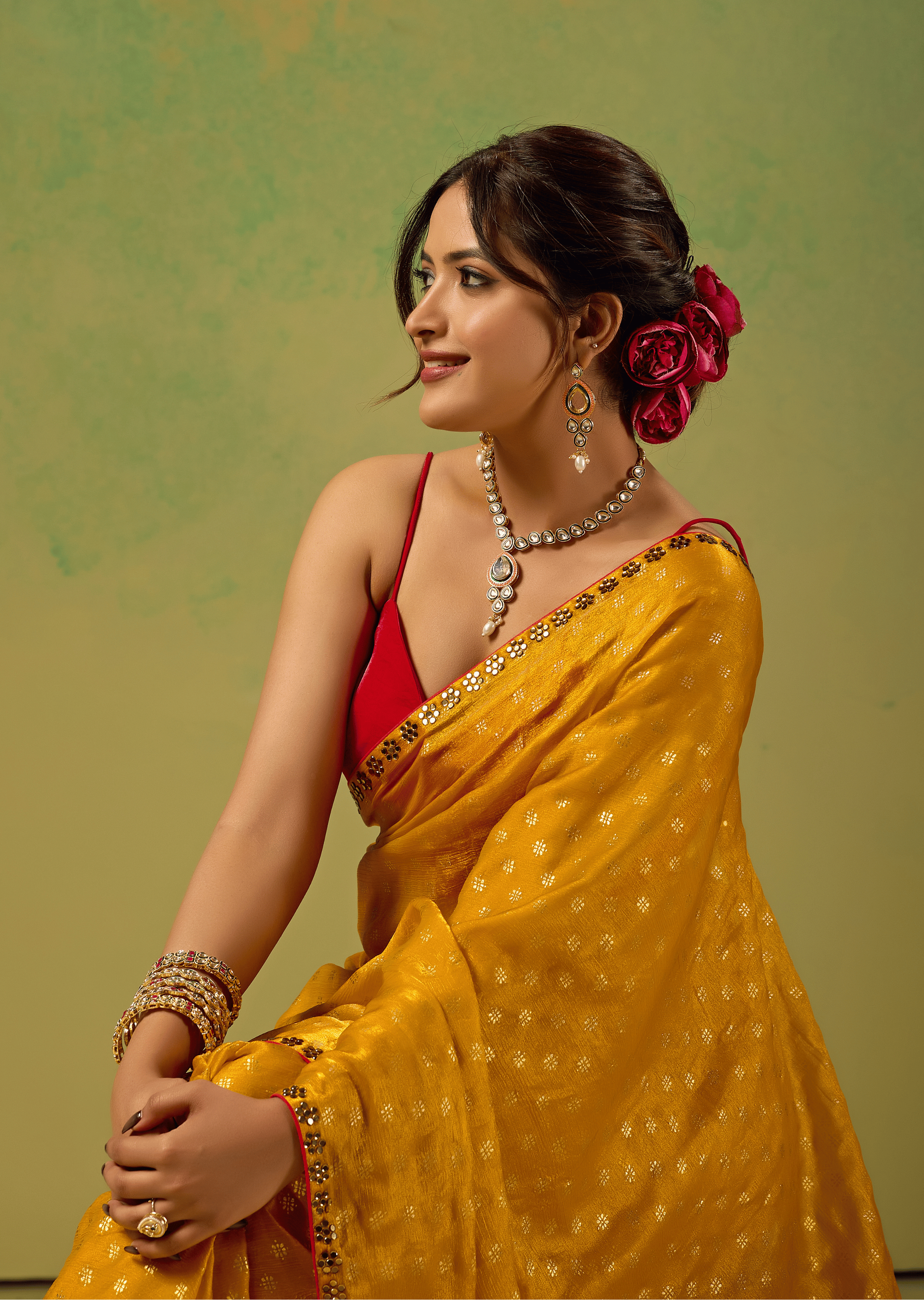 Mustard Yellow Tissue Silk Saree With Foil Butti Print