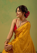 Mustard Yellow Tissue Silk Saree Side Pose - Foil Butti Print Detail