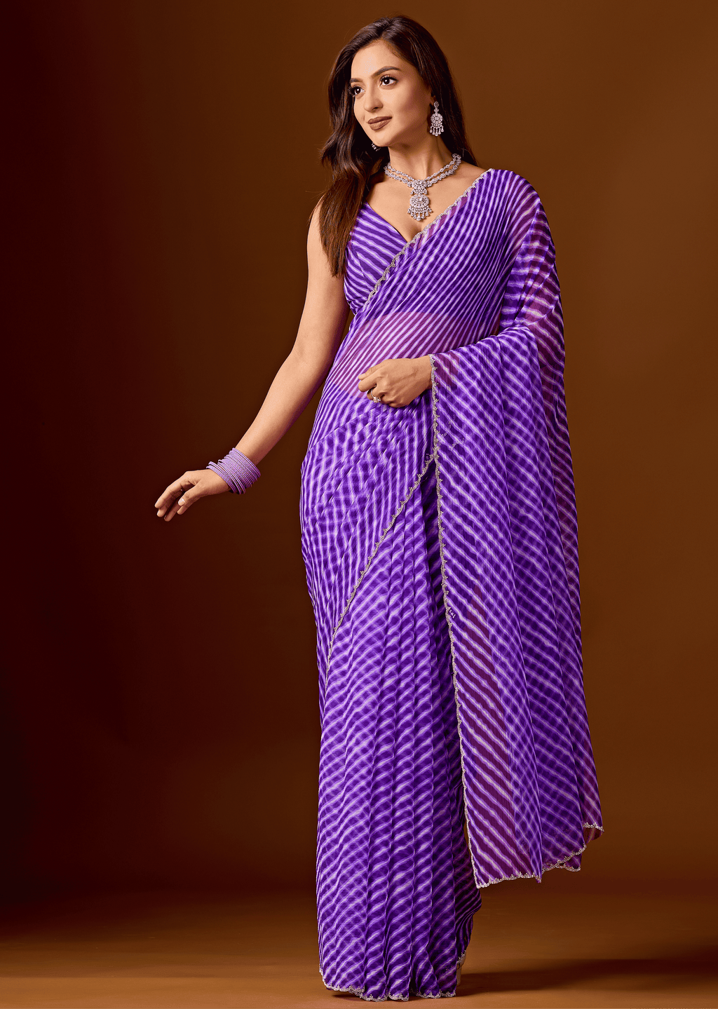 Royal Purple Chiffon Saree With Stone Work