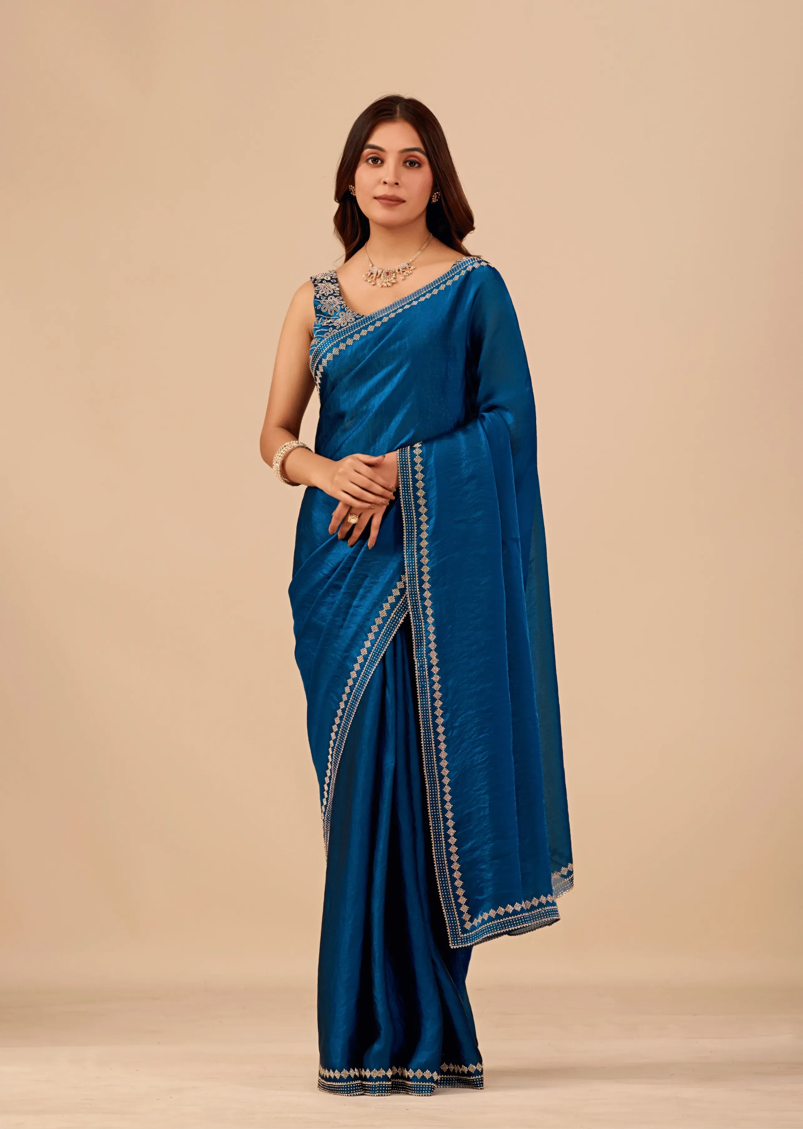 Ocean Blue Tissue Silk Saree With Crystal Border Work