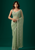 Pista Green Chiffon Saree With Floral Embroidery
